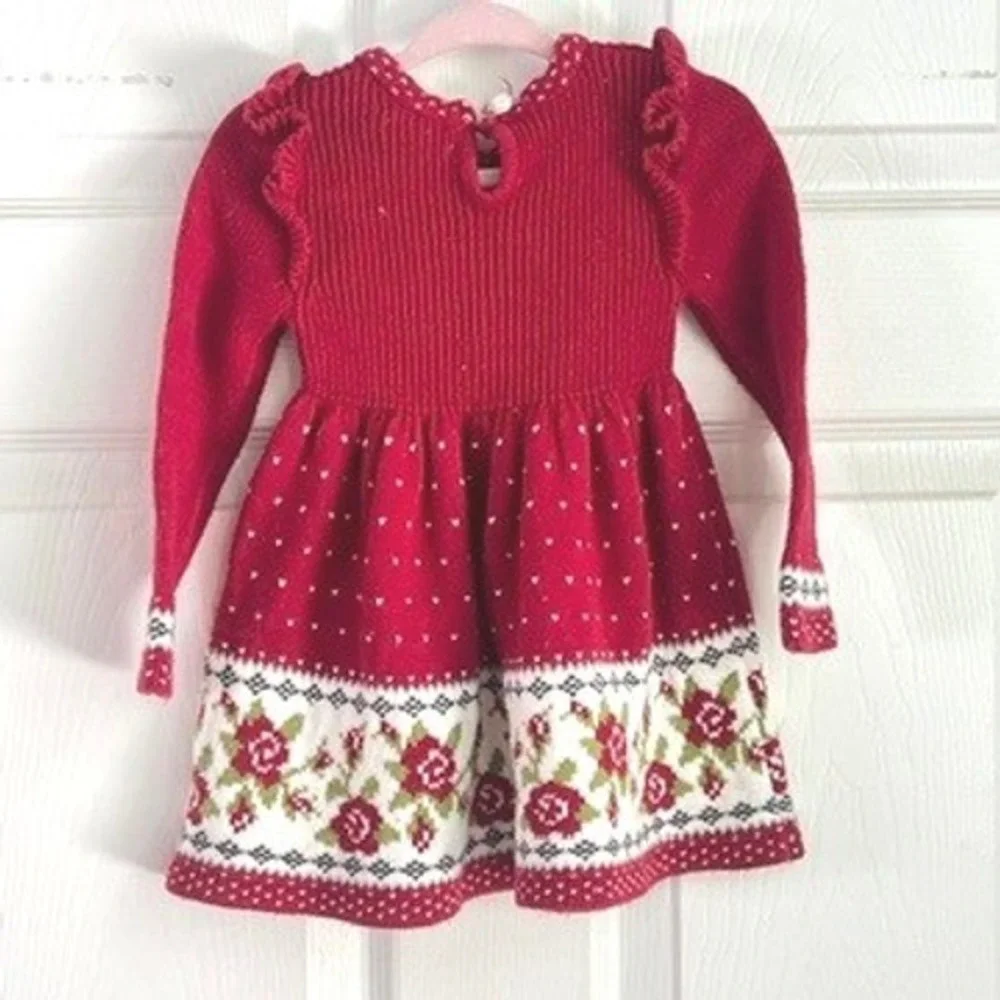 Max Studio Kids Sweater Dress Baby Girl 12M Floral Fair Isle Red Holiday Winter